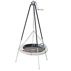 Trojnožka teleskopická s kladkou 1,8 m s grilovacím roštem 60 cm a paella pánví 55 cm z leštěné oceli pro vaření nad ohněm