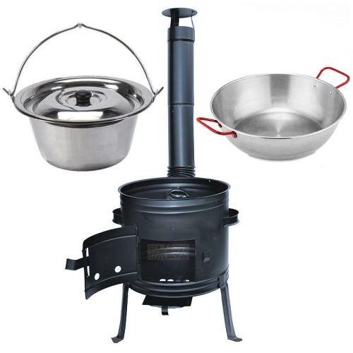 Kotlíkový set Párty 2 v 1, kotlina 36 cm a kotlík nerez Klasik 10 L s poklicí, hluboká pánev paella 40 cm z leštěné oceli