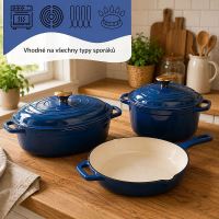 Sada litinového smaltovaného nádobí HAGE 3 díly – modrá, hrnec 3 l, pekáč 6 l s poklicí a pánev 26 cm (1)