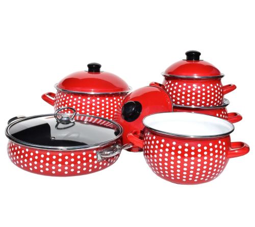 Sada smaltovaného nádobí 10 dílů – červená s bílým puntíkem, buclaté hrnce s pánví a poklicemi