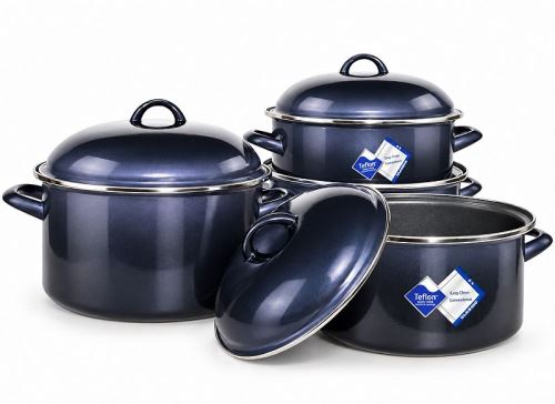 Čtyřdílná souprava smaltovaného nádobí s teflonem Modrá metalíza – velká, s poklicemi, objemy 3,25–6 l