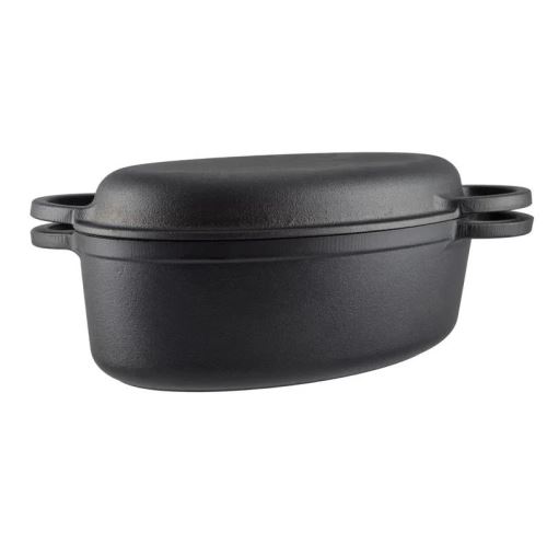Extra velký litinový pekáč 2v1 oválný 7,5 l (37,5 cm) s irskými uchy – multifunkční set s pánví