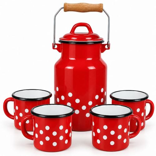 Smaltovaná souprava 4 velkých hrnků 0,4 l a konvice 2 l – retro design