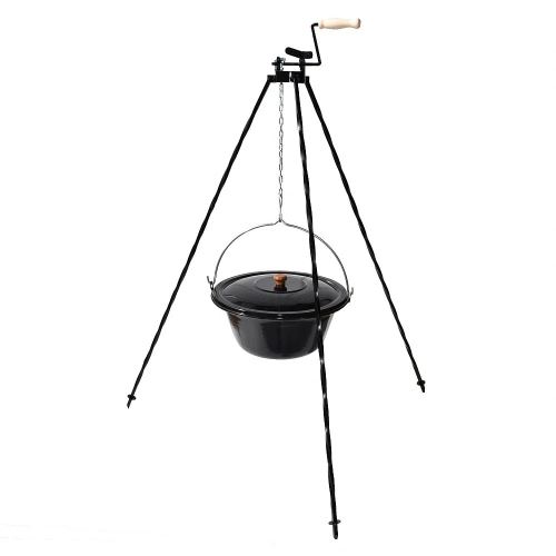 Gulášový set: Trojnožka 1,25 m s kladkou a smaltovaný outdoorový kotlík 13 l s poklicí na oheň