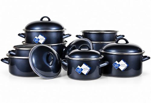Osmidílná souprava smaltovaného nádobí s teflonem Modrá metalíza – 3 hrnce a 5 kastrolů s poklicemi, 1,25–6 l
