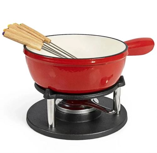 Litinový fondue set 1,8 l smaltovaný (červený) – kompletní sada pro sýrové, masové i čokoládové fondue