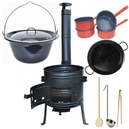 Kotlíkový set Párty 2 v 1, kotlina 39 cm a smaltovaný kotlík 14 L s poklicí a příslušenstvím