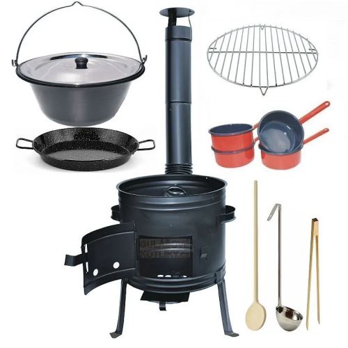 Kotlíkový set Párty 3 v 1, černá kotlina 39 cm a smaltovaný kotlík 14 L s nerezovou poklicí a příslušenstvím