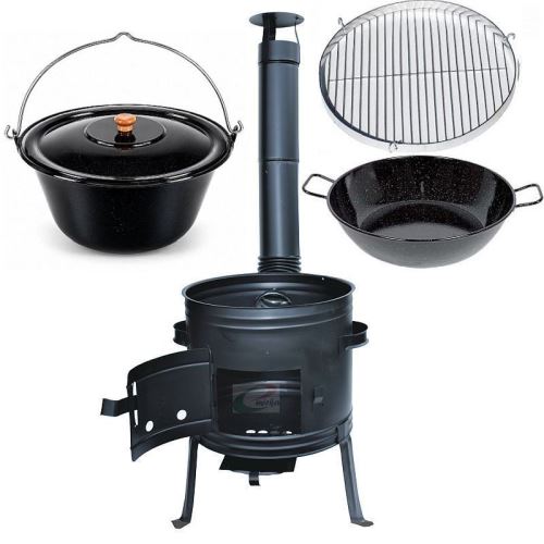 Kotlíkový set Párty 3 v 1 45 cm a smaltovaný kotlík 25 L s poklicí a hlubokou pánví
