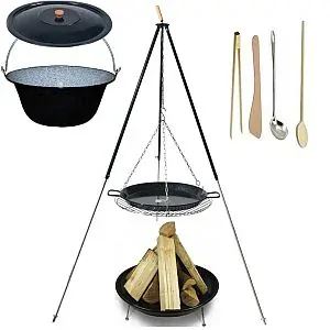 Set 3 v 1: trojnožka teleskopická černá 1,8 m, grilovací rošt 60 cm a paella pánev 50 cm, kotlík 22 L s příslušenstvím pro vaření nad ohněm