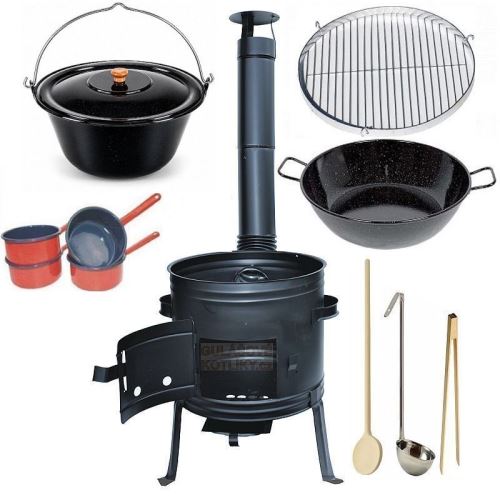 Kotlíkový set Párty 3 v 1 45 cm a smaltovaný kotlík 25 L s poklicí a hlubokou pánví  a příslušenstvím