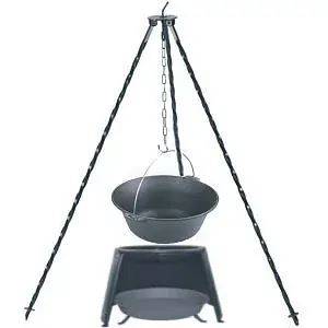 Souprava trojnožka 1,25  m + litinový kotlík 10,8 litru, ohniště a závětří