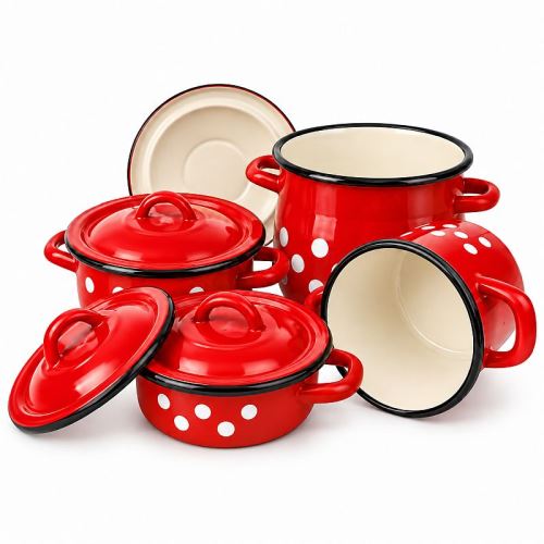 Smaltovaná sada nádobí 4dílná Retro – červená s bílými puntíky (malá)