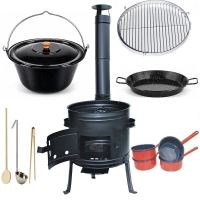 Kotlíkový set Párty 3 v 1, černá kotlina 45 cm a smaltovaný kotlík 25 L s poklicí s příslušenstvím