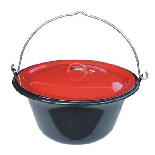 Černý smaltovaný servírovací kotlík na guláš 0,8 l s červenou poklicí