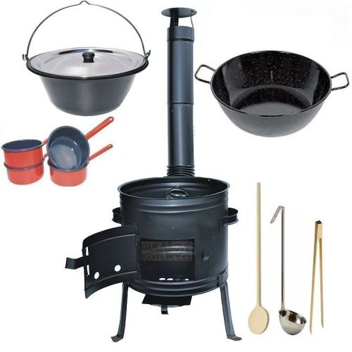 Kotlíkový set Párty 2 v 1, kotlina 39 cm a smaltovaný kotlík 14 L s nerezovou poklicí, hlubokou pánví a příslušenstvím