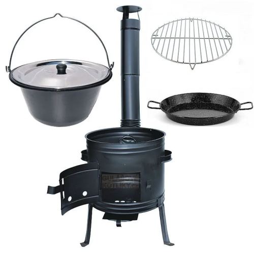 Kotlíkový set Párty 3 v 1, černá kotlina 39 cm a smaltovaný kotlík 14 L s nerezovou poklicí