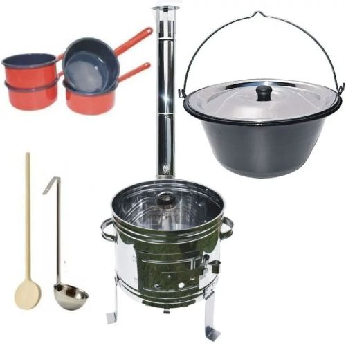 Kotlíkový set Párty Full, nerezová kotlina 39 cm a smaltovaný kotlík 14 L s nerezovou poklicí a příslušenstvím