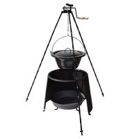 Gulášový set: Trojnožka 1,2 m s kladkou, červený smaltovaný outdoorový kotlík 14 l s poklicí, ohniště a závětří 33 cm