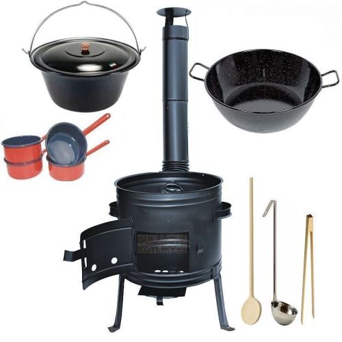 Kotlíkový set Párty 2 v 1, kotlina 45 cm a smaltovaný kotlík 25 L s poklicí, hlubokou pánví a příslušenstvím