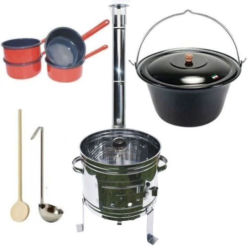 Kotlíkový set Párty Echo Full, nerezová kotlina 45 cm a smaltovaný kotlík 25 L s příslušenstvím