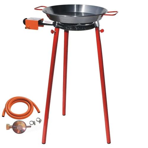 Set Hořák L20 Paella s dvouokruhovým hořákem 20 cm, připojením na plynovou lahev, stojanem a pánví z leštěné oceli 30 cm