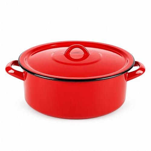 Hluboký smaltovaný kastrol s poklicí 2 l – červený s šedým vnitřkem, retro