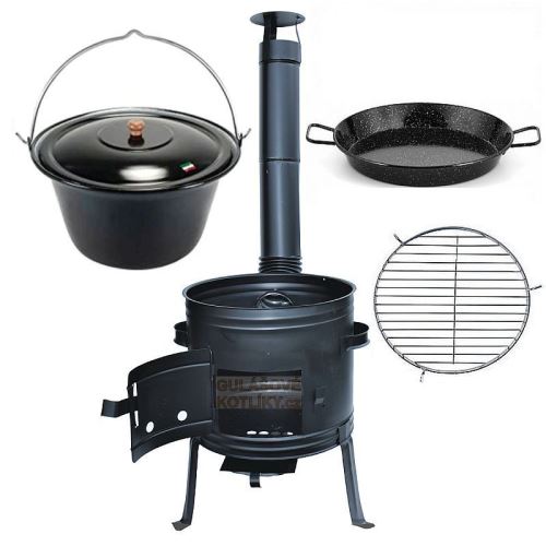 Kotlíkový set Párty 3 v 1, černá kotlina 36 cm a smaltovaný kotlík 10 L s poklicí