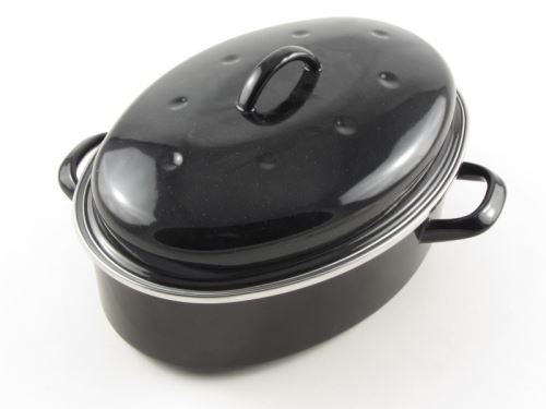 Pekáč smaltovaný oválný s víkem 32 cm – tradiční český pekáč na kuře a zapékání, černý