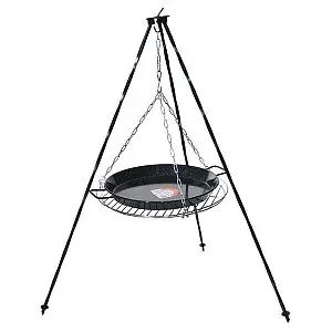 Trojnožka černá 1,25 m s roštem 50 cm a paella pánví 40 cm smalt pro vaření a grilování nad ohněm