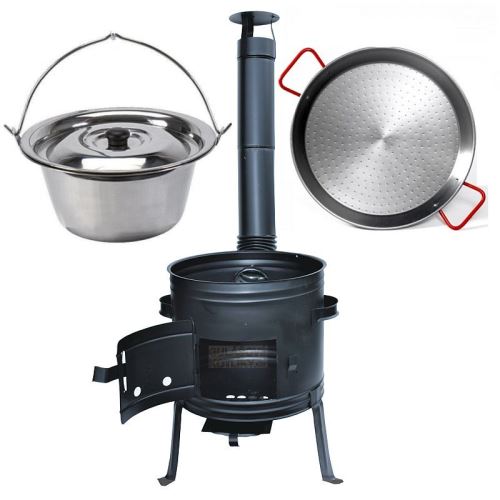 Kotlíkový set Párty 2 v 1, kotlina 36 cm a kotlík nerez Klasik 10 L s poklicí, pánev paella 38 cm z leštěné oceli