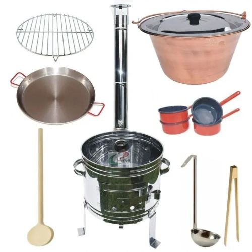 Kotlíkový set Párty Echo 3 v 1, nerezová kotlina 39 cm měděný kotlík 14 L s nerezovou poklicí, paella pánev a grilovací rošt  s příslušenstvím